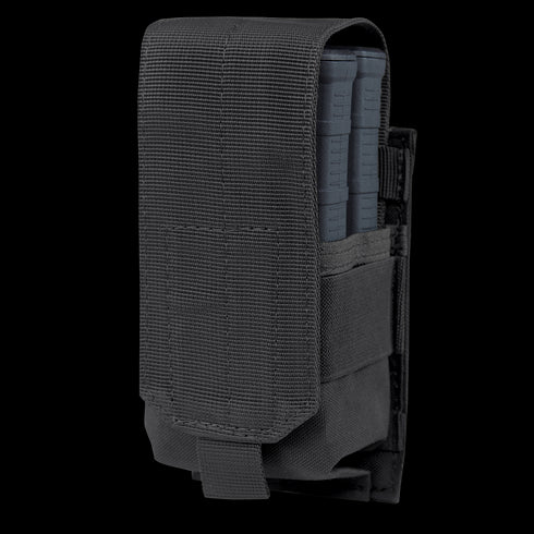 The Condor Single M14 Mag Pouch Gen II is a black tactical nylon pouch with a flap cover and Velcro closure, designed to securely hold one magazine—perfect for EDC or range use.